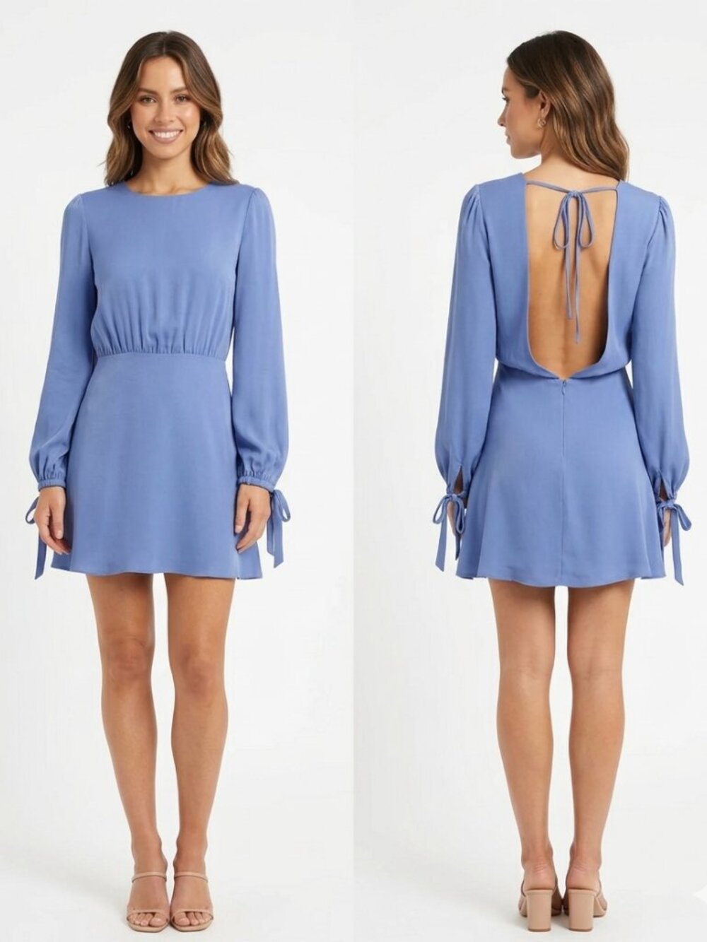 LPA 100% SILK MUTED BLUE OPEN BACK LONG SLEEVE TIE CUFF MINI CHIFFON DRESS - XS